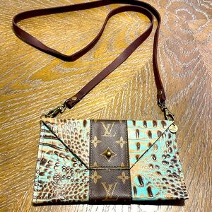 Upcycled LV small 100% leather purse turquoise and brown crossbody Louis